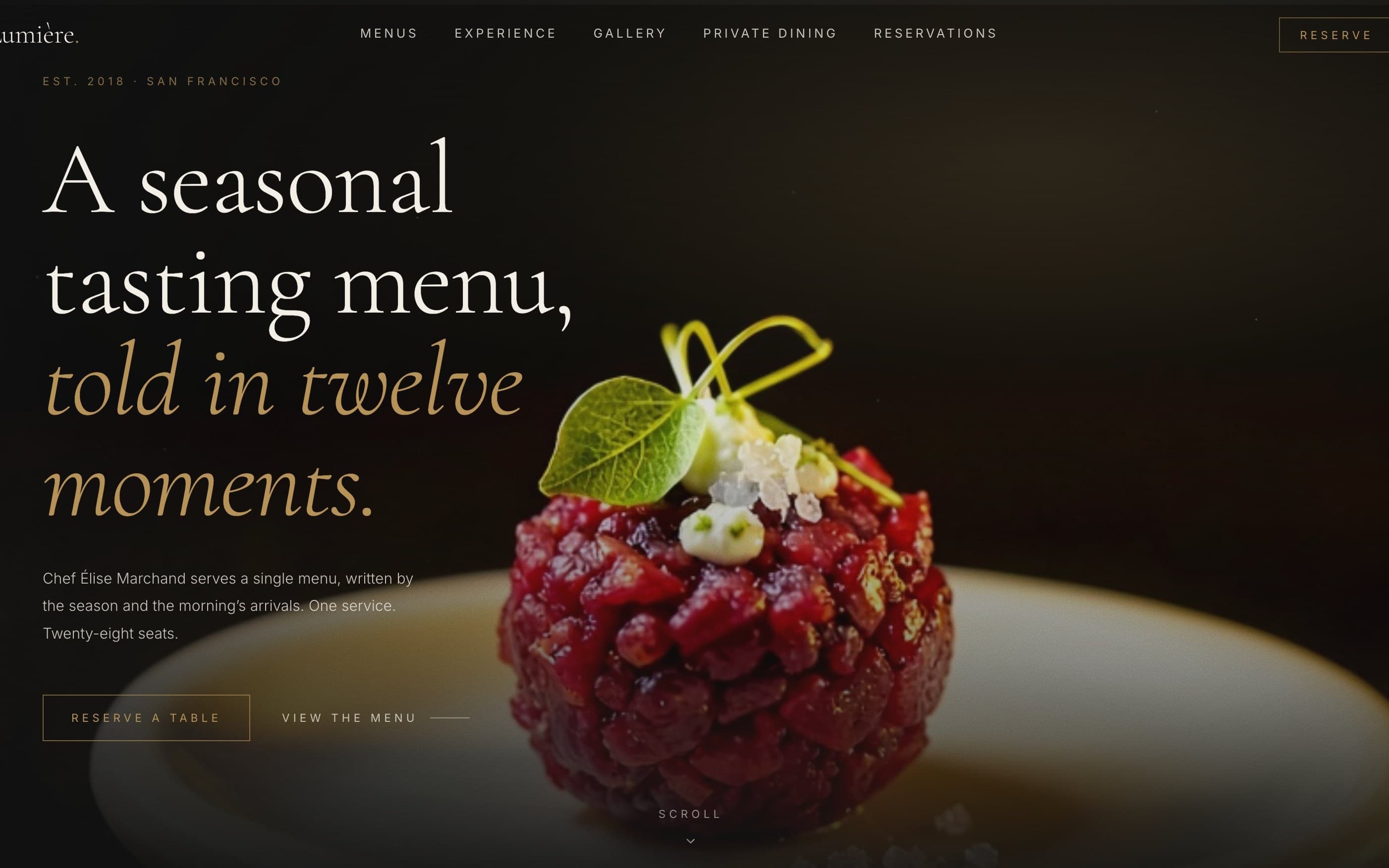 Live homepage of Lumière — near-black cinematic hero with a single plated dish