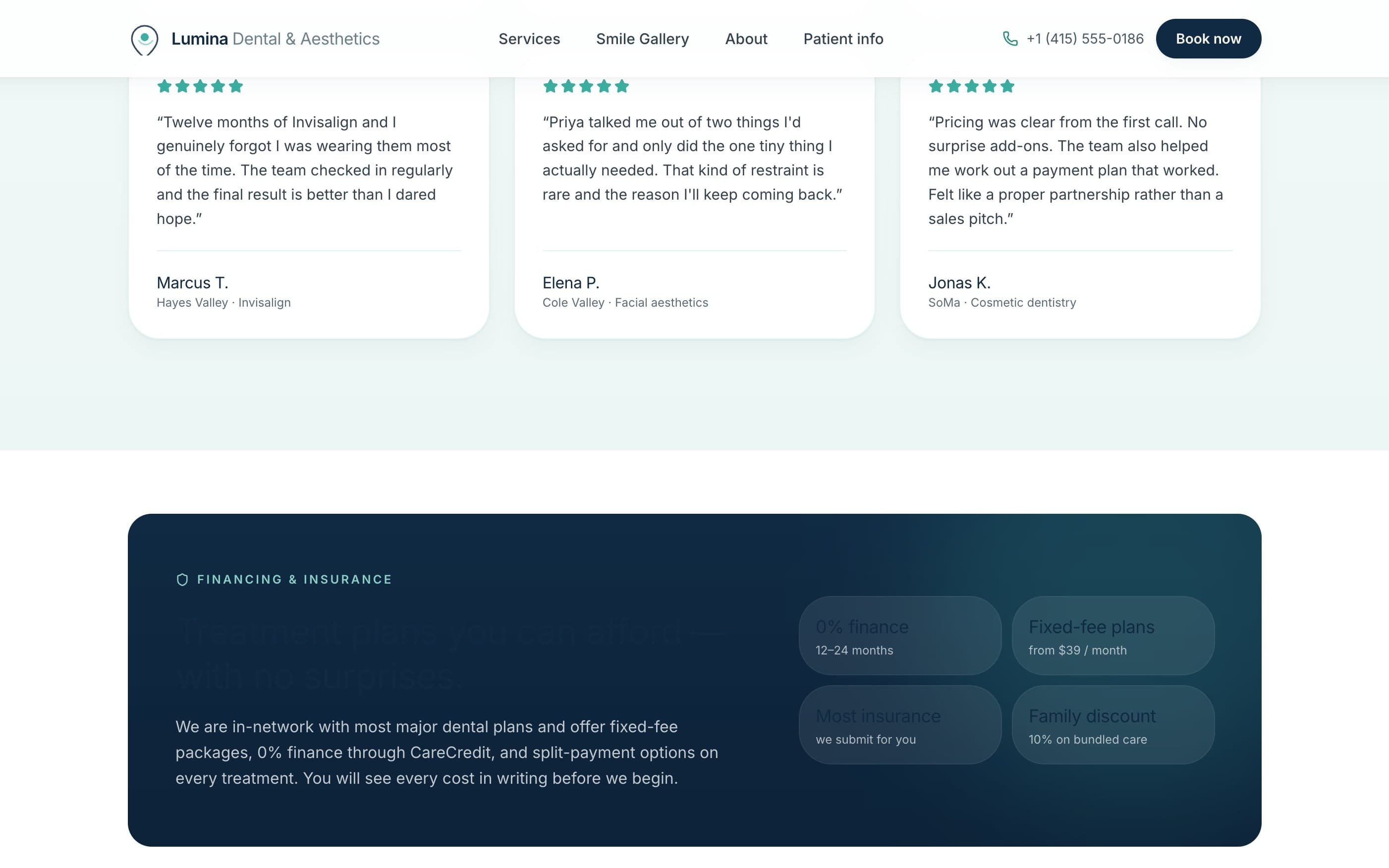 Lumina Dental — page section, live capture