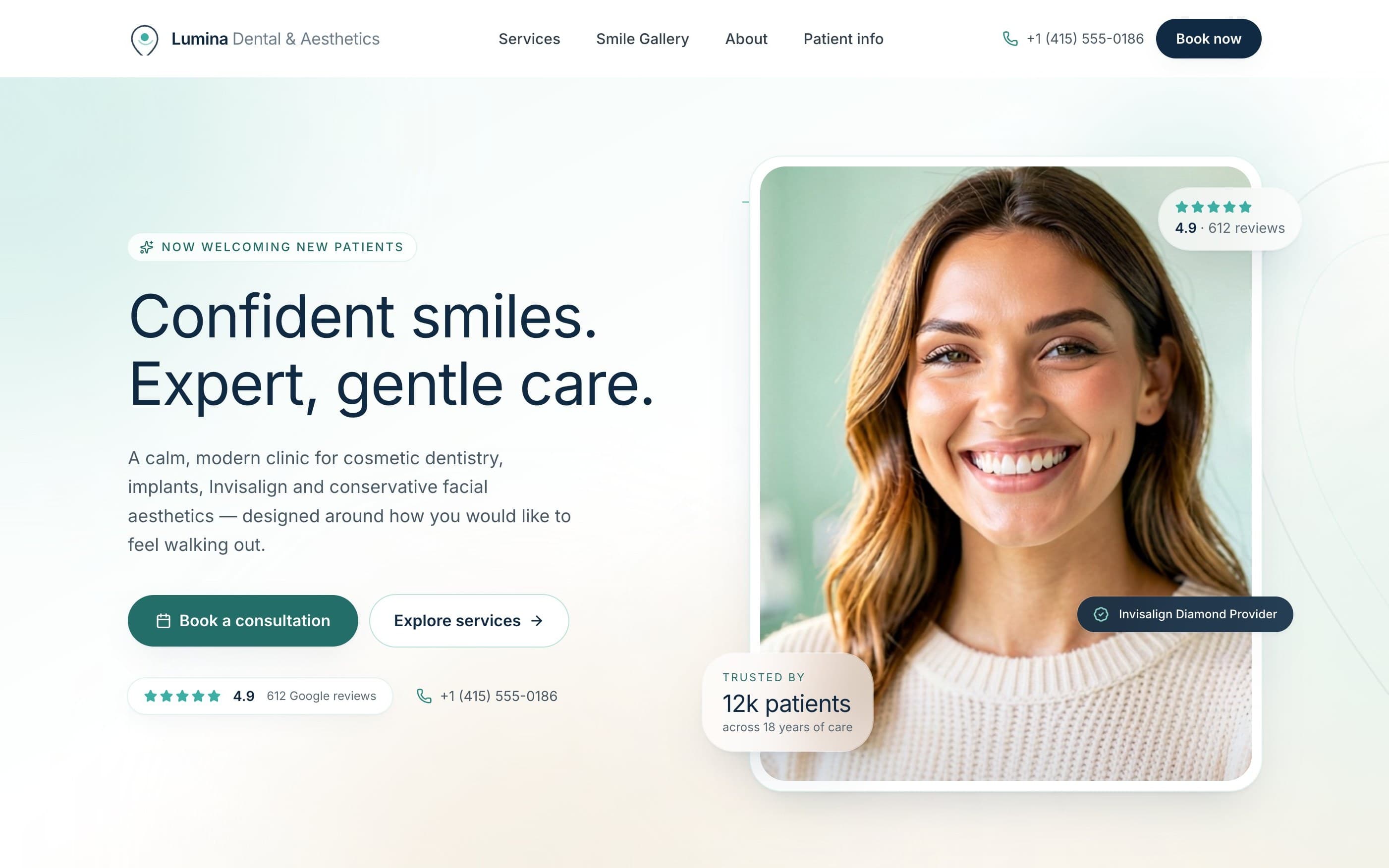Live homepage of Lumina Dental — calm clinical hero with booking CTAs