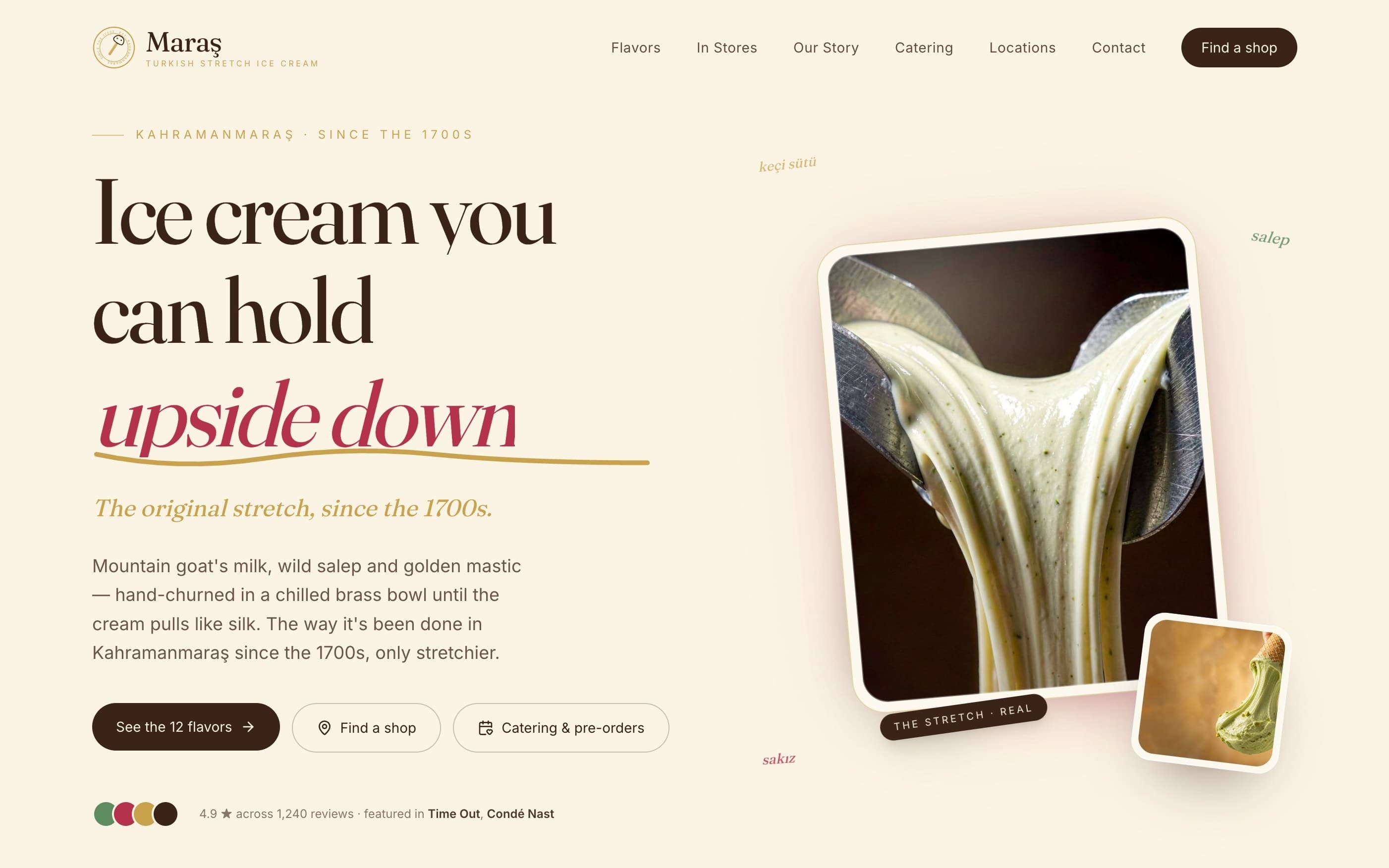 Live homepage of Maraş — heritage ice-cream brand with the stretch shot front and centre