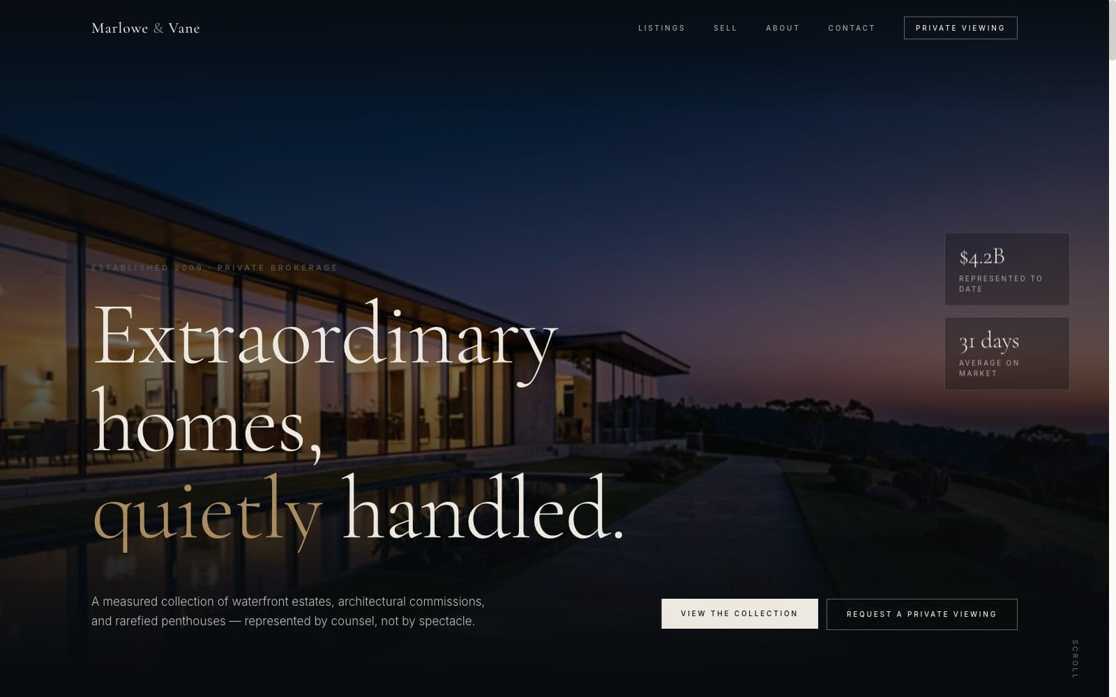 Live homepage of Marlowe & Vane — blue-hour estate hero with quiet-luxury type