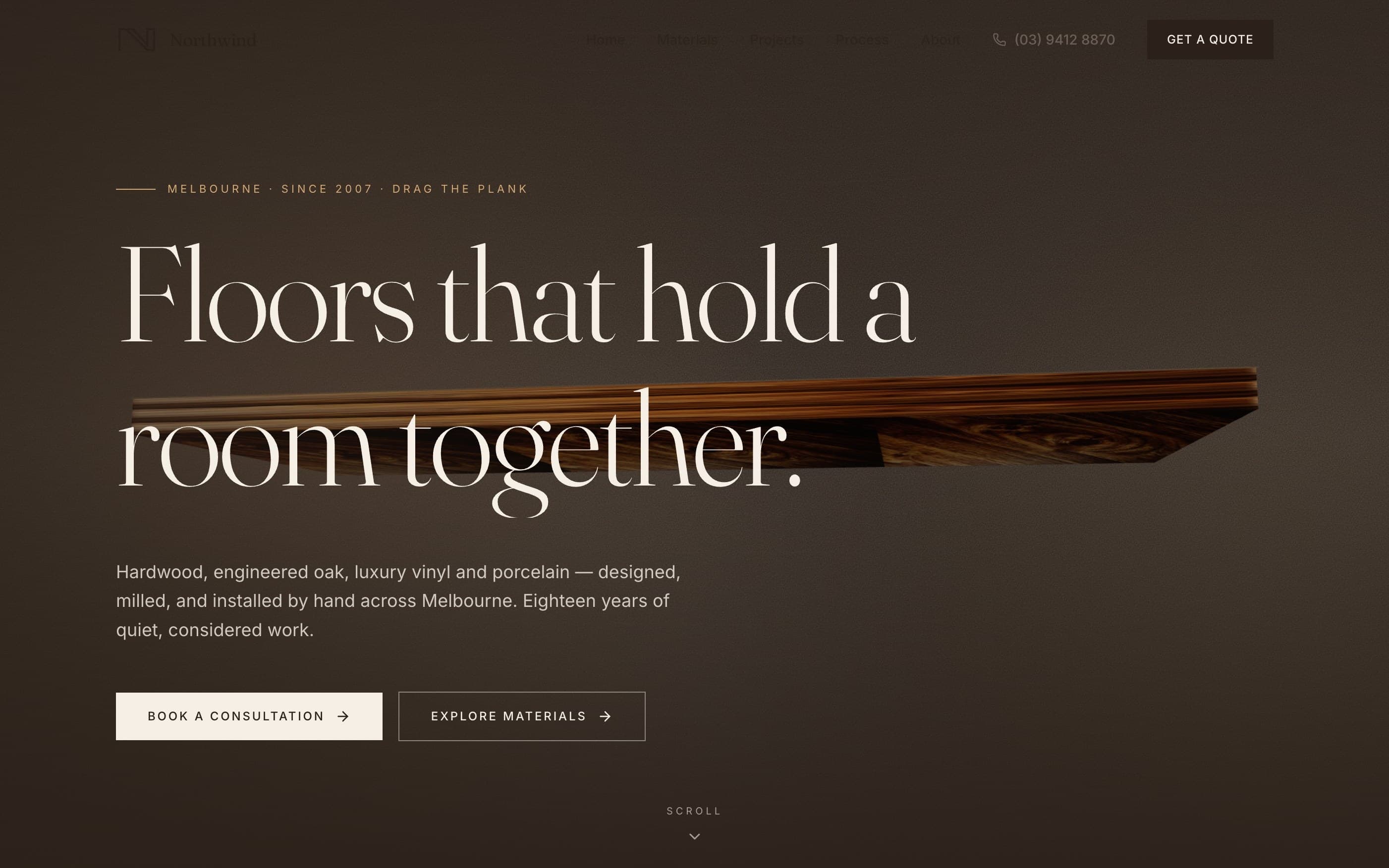 Live homepage of Northwind Flooring — a draggable 3D plank floats over a dark editorial hero