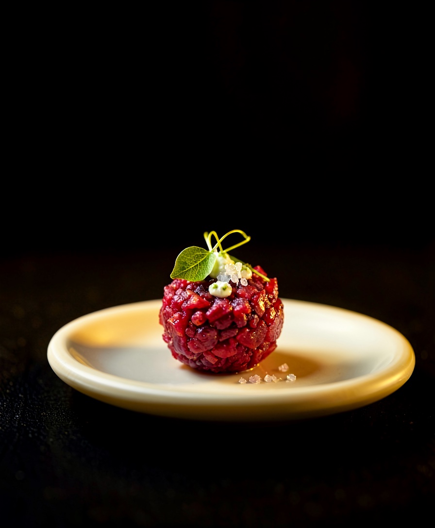 A near-black plated signature dish under a single light for Lumière