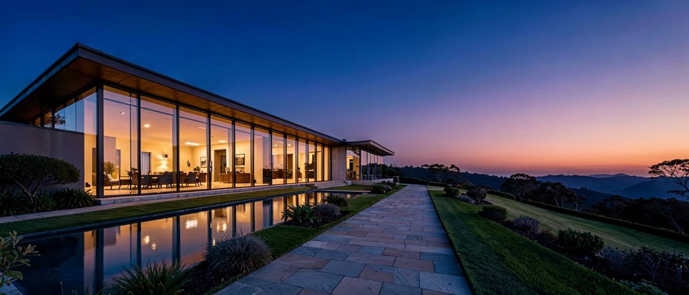 A modernist hilltop estate at blue hour for Marlowe & Vane
